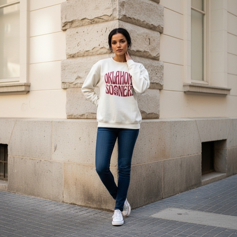 Pressbox Oklahoma Sooners Pullover Sweatshirt White Ribbed Cotton Size M